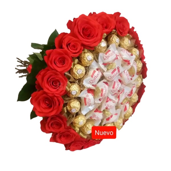 BOU030-BOUQUET DE ROSAS Y DULCES