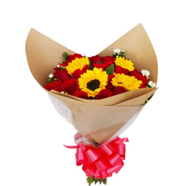 BOU001 – Bouquet de rosas y girasoles
